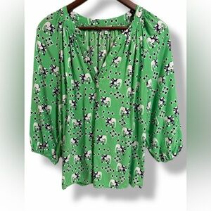 Crown & Ivy Boho Green & Navy Southern Preppy Elephant Print Blouse Large